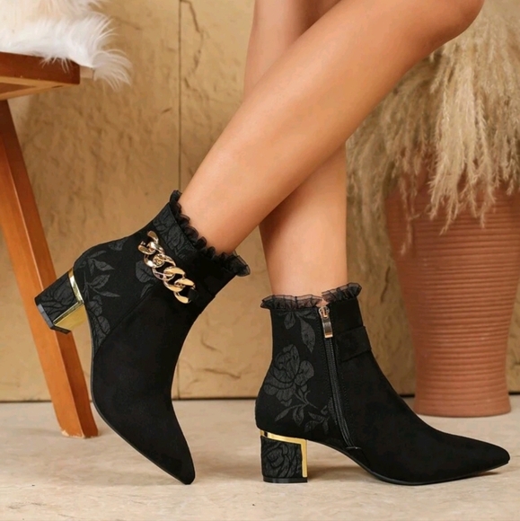Fashionable Chunky Heel Boots,Lace Up Side Zipper Ankle Boots,Pointed Toe High - Picture 3 of 5